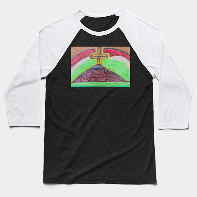 Cross on the Hill with Rainbow Horizon Baseball T-Shirt by PodmenikArt